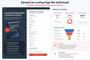 Landing page mal optimizada con formulario demasiado largo y gráficos que muestran una baja tasa de conversión.