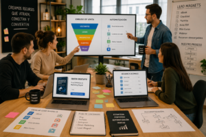 Equipo de marketing digital trabajando en la creación de lead magnets, automatizaciones y embudos de venta en una oficina moderna.