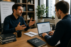 Persona dictando ideas mientras un ghostwriter profesional escribe un libro en un ordenador portátil durante una reunión en una oficina moderna.