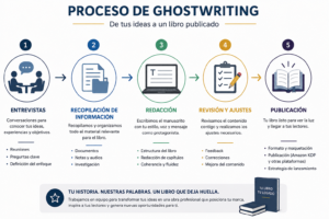 Proceso de ghostwriting desde las entrevistas y recopilación de información hasta la redacción, revisión y publicación del libro.
