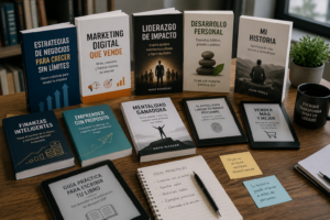 Colección de libros y eBooks sobre negocios, marketing, liderazgo, desarrollo personal y biografías sobre una mesa de trabajo.