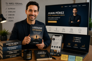 Profesional sosteniendo un libro publicado junto a una pantalla con elementos de marca personal y marketing digital.
