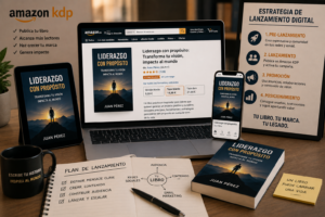 Libro publicado en Amazon KDP mostrado en un portátil, una tablet y un smartphone junto a una estrategia de lanzamiento digital.