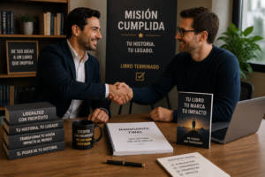 Ghostwriter y cliente estrechando la mano tras finalizar un libro, con el manuscrito terminado sobre la mesa.