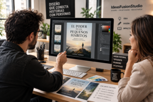 Diseñador gráfico creando una portada profesional para un libro o eBook junto a un cliente en un estudio creativo.