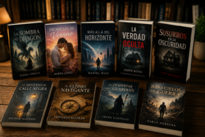 Collage de portadas de libros de romance, fantasía, ciencia ficción, thriller, terror y misterio.