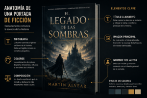 Portada de ficción profesional desglosada visualmente con título, nombre del autor, imagen principal, tipografía y paleta de colores.