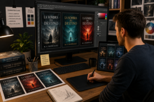 Diseñador gráfico trabajando en una portada de novela en un ordenador, con varias propuestas de diseño y referencias de otras novelas en pantalla.