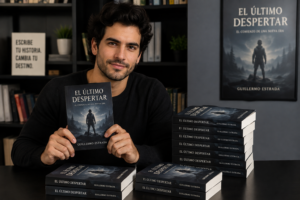 Autor sosteniendo una novela publicada junto a varias copias del libro