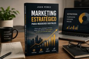 Portada profesional de un libro de no ficción sobre negocios y marketing sobre un escritorio de trabajo.