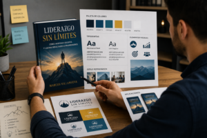 Diseñador gráfico mostrando una portada de libro junto a muestras de colores corporativos, tipografías y elementos de identidad visual.