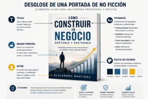 Portada de no ficción desglosada visualmente mostrando el título, autor, imagen principal, tipografía y paleta de colores.
