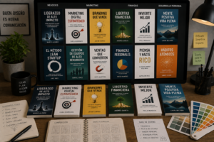 Colección de libros de no ficción profesionales con portadas de negocios, marketing, liderazgo y desarrollo personal.