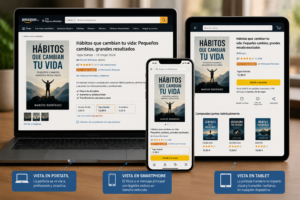 Una misma portada de libro mostrada en portátil, tablet y smartphone, destacando su legibilidad en miniatura.