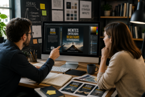 Diseñador gráfico trabajando con un cliente en un estudio creativo mientras revisan una portada de libro en un ordenador.
