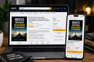 Portada de libro profesional mostrada en Amazon KDP en un portátil y smartphone.