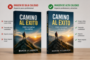 Comparación entre una portada de libro con imagen pixelada y otra con imagen nítida y profesional.