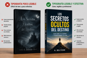 Comparación entre una portada con tipografía difícil de leer y otra con título grande, claro y buen contraste.