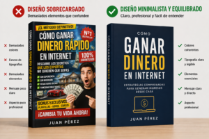 Comparación entre una portada de libro sobrecargada de elementos y otra minimalista, limpia y equilibrada.