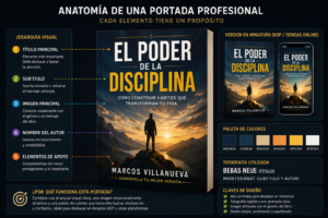 Portada profesional de libro desglosada con título, autor, imagen principal, jerarquía visual y paleta de colores