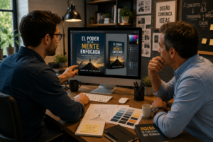 Diseñador gráfico trabajando con un cliente en un estudio creativo mientras revisan una portada de libro en un ordenador